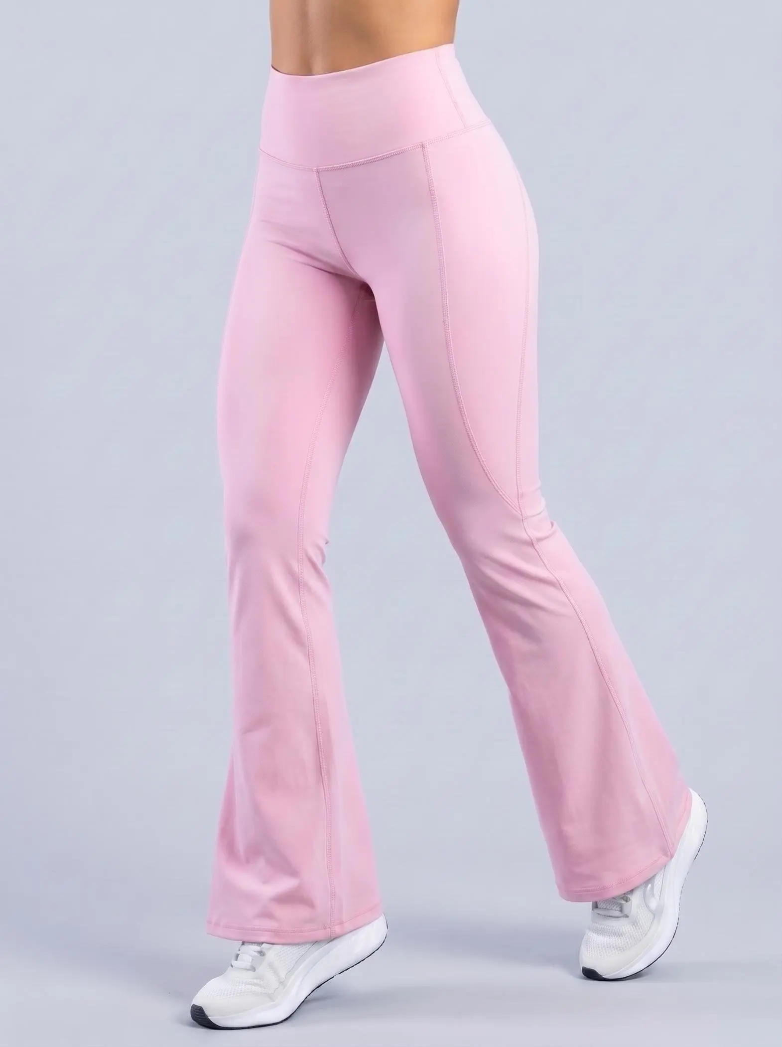 Leggins bota campana Zenit rosa de tiro alto para mujer, vista de frente con pretina ancha