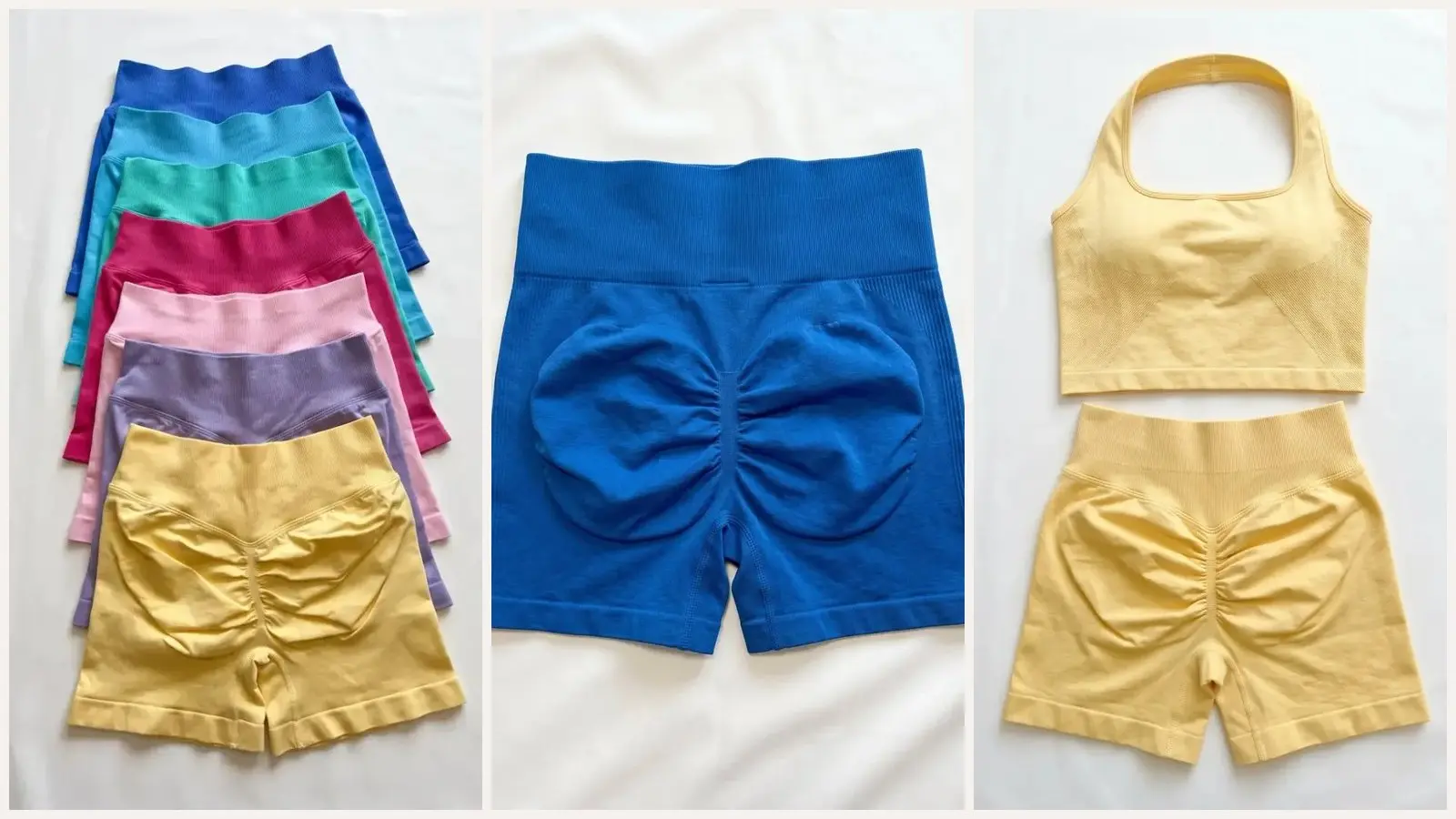 Shorts tipo DFYNE de Alena vistos de espalda con el fruncido que levanta la cola, en varios colores